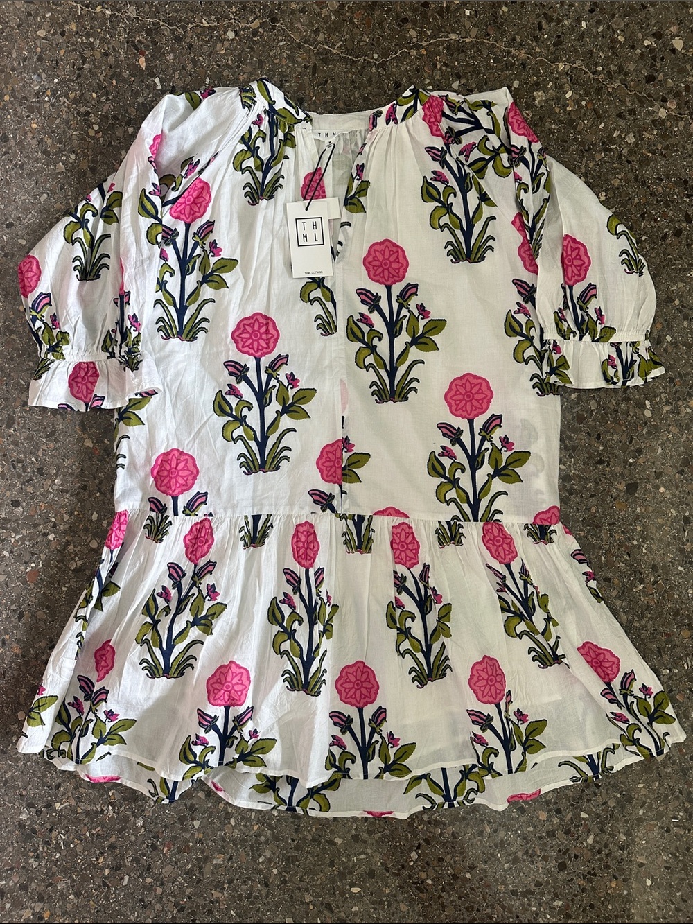 THML White Floral Peasant Tunic with Pink Blooms
